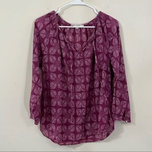 LOFT Purple Silk Blend Printed Semi Sheer V Neck Long Sleeve Shirt